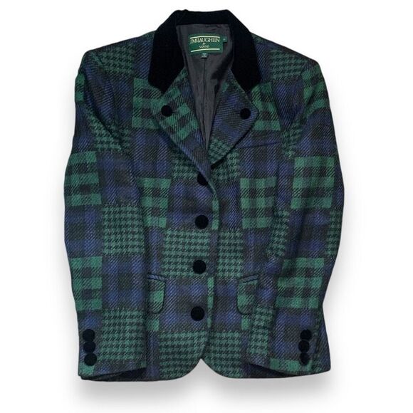 Vintage J. McLaughlin Blazer Jacket Hourglass Patchwork Green Plaid Velvet 10 - Picture 4 of 9